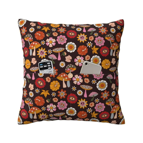 Bingfone 70s Groovy Hippie Retro Linen Throw Pillow Covers Cushion Case Pocket Button Vintage Farmhouse Pillowcase For Sofa Couch Bed 20"X20"