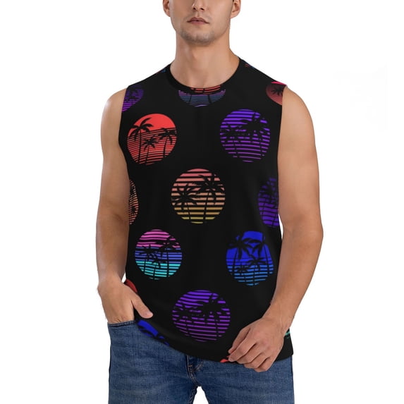Bingfone 80s Style Palm Trees Pattern Men's Tank Tops Workout Sleeveless Tee Shirts Running Beach Tanks for Men-Small