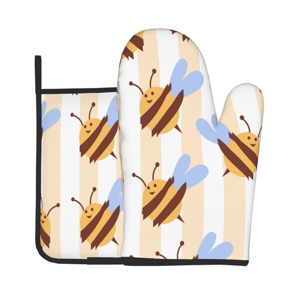 Bingfone A Bee Print Oven Mitts Pot Holders Set 2 PCS for Kitchen for Cooking Grilling Baking BBQ Pot Holders Cook Essentials
