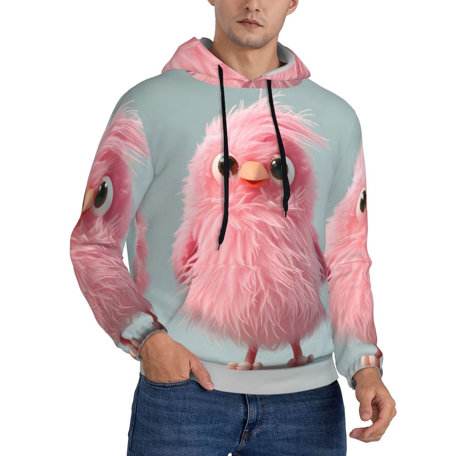 Bingfone Adorable Pink Fluffy Birds Men's Drawstring Hoodie Long Sleeve — free download
