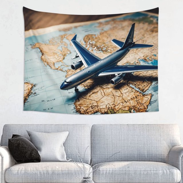 Bingfone Airplane World Map Adventure Tapestry Wall Hanging Decor for