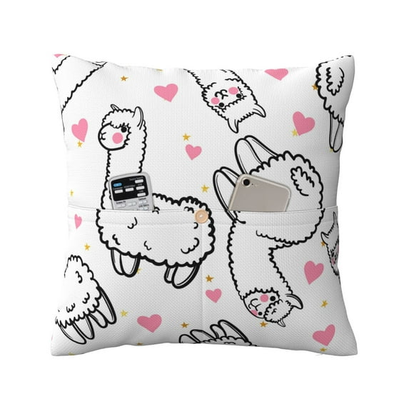Bingfone Alpacas And Hearts Linen Throw Pillow Covers Cushion Case Pocket Button Vintage Farmhouse Pillowcase For Sofa Couch Bed 20"X20"