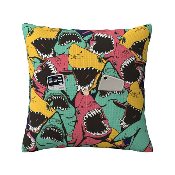 Bingfone Angry Shark Pattern Linen Throw Pillow Covers Cushion Case Pocket Button Vintage Farmhouse Pillowcase for Sofa Couch Bed 16"x16"