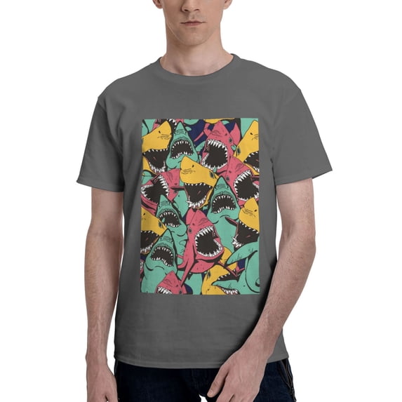 Bingfone Angry Shark Pattern Men'S Loose Fit Short-Sleeve Pocket T-Shirt