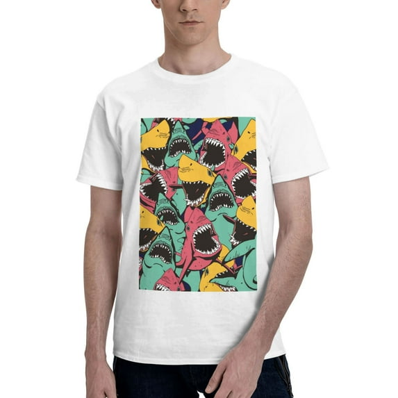 Bingfone Angry Shark Pattern Men'S Loose Fit Short-Sleeve Pocket T-Shirt