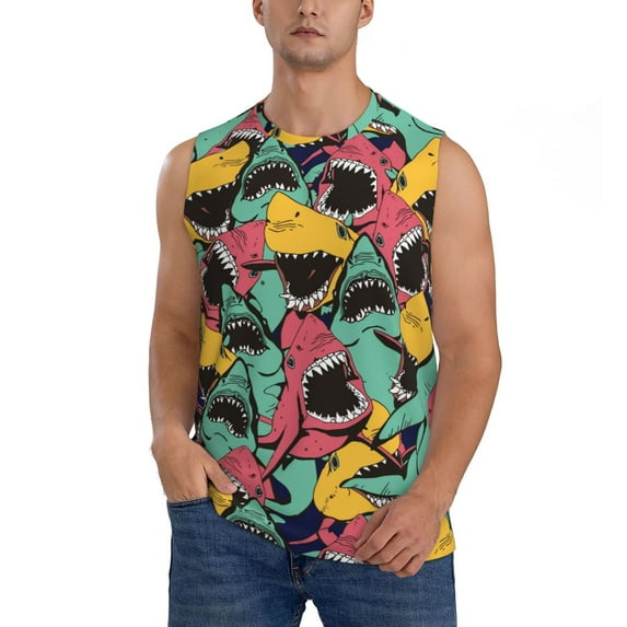 Bingfone Angry Shark Pattern Pattern Men's Tank Tops Workout Sleeveless Tee Shirts Running Beach Tanks for Men-Small