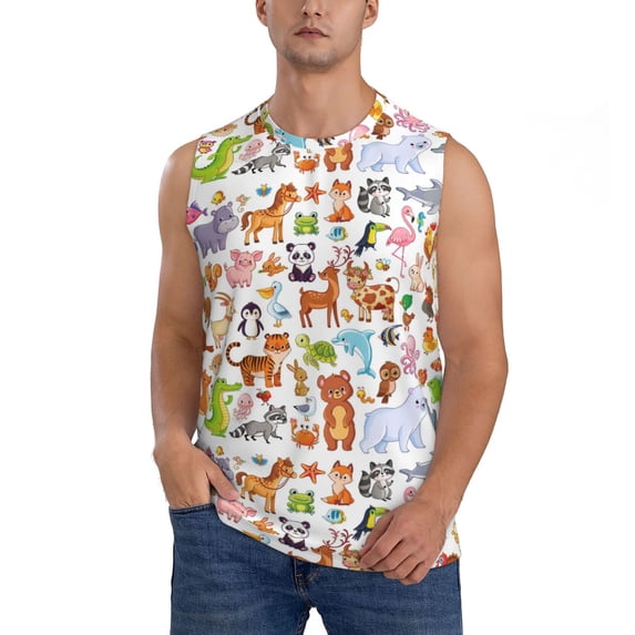 Bingfone Animal Cartoon Style Pattern Men's Tank Tops Workout Sleeveless Tee Shirts Running Beach Tanks for Men-X-Large