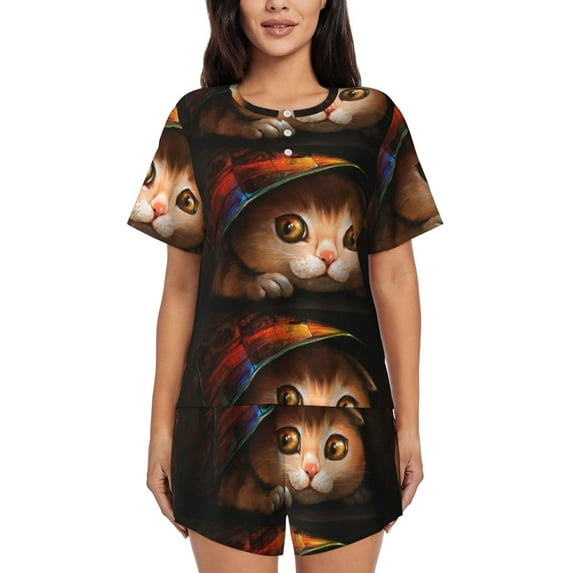 Bingfone Animal Cat Print Pajamas Sets for Women Soft Short-Sleeved Pjs with Lounge Shorts Two Piece Sleepwear
