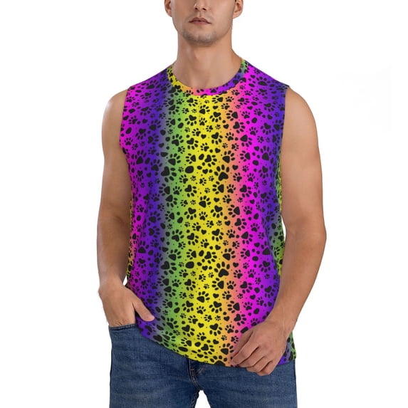 Bingfone Animal Paw Rainbow Pattern Men's Tank Tops Workout Sleeveless Tee Shirts Running Beach Tanks for Men-X-Large
