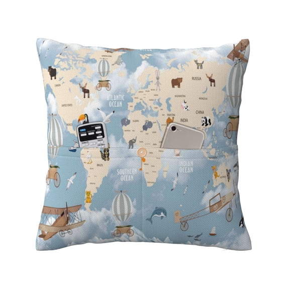 Bingfone Animals Travel World Map Linen Throw Pillow Covers Cushion Case Pocket Button Vintage Farmhouse Pillowcase for Sofa Couch Bed (without pillow core) 20"x20"