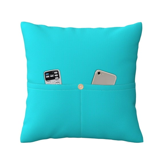 Bingfone Aqua Linen Throw Pillow Covers Cushion Case Pocket Button Vintage Farmhouse Pillowcase for Sofa Couch Bed 16"x16"