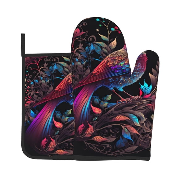 Bingfone Artistic Colorful Bird Print Oven Mitts Pot Holders Set 2 PCS for Kitchen for Cooking Grilling Baking BBQ Pot Holders Cook Essentials