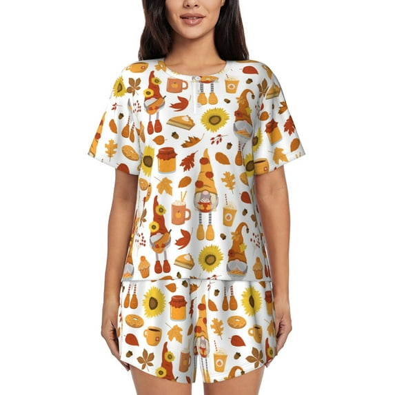 Bingfone Autumn Harvest Gnomes Print Pajamas Sets for Women Soft Short-Sleeved Pjs with Lounge Shorts Two Piece Sleepwear