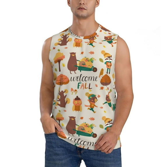 Bingfone Autumn In The Forest Pattern Men's Tank Tops Workout Sleeveless Tee Shirts Running Beach Tanks for Men-Large