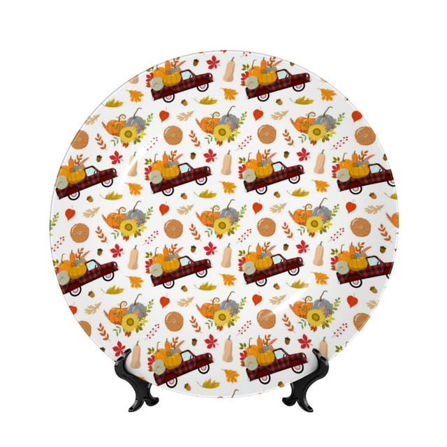 Bingfone Autumn Red Truck Print Bone China Dinner Decorative Plates,Handmade Ceramic Dinner Plate with Stand for Home Club-10in
