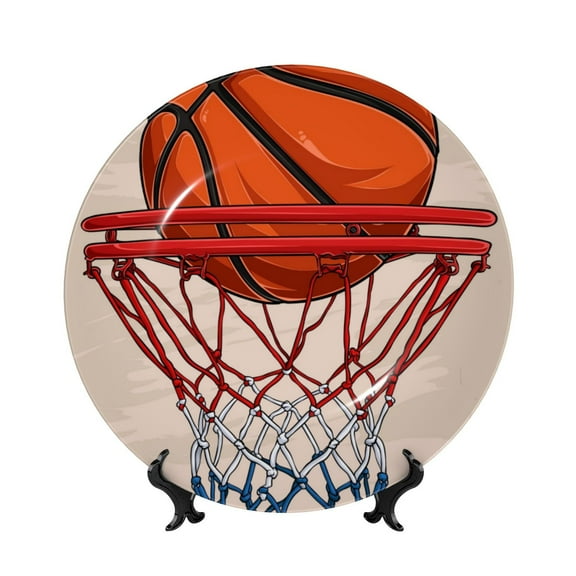 Bingfone Basketball Shot Print Bone China Dinner Decorative Plates,Handmade Ceramic Dinner Plate with Stand for Home Club-7in