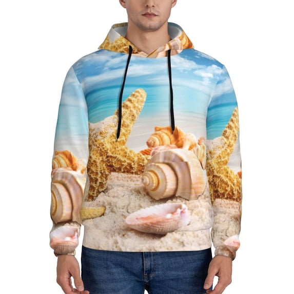 Bingfone Beach Starfish Shell Men'S Drawstring Hoodie Long Sleeve Pocket Sweatshirts-Large