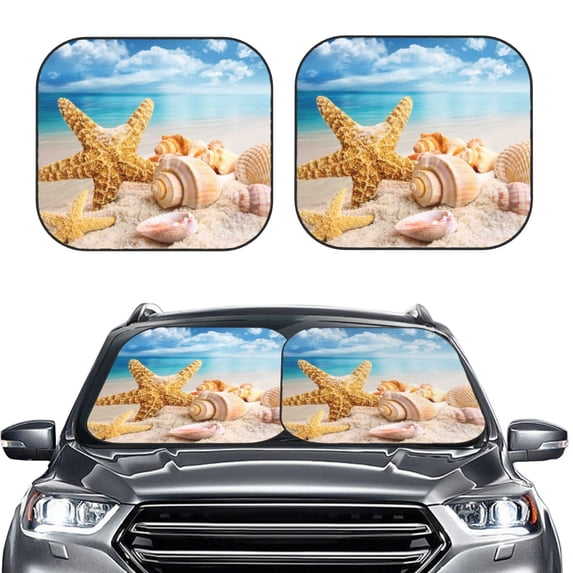 Bingfone Beach Starfish Shell Print 2-Piece Sun Shade Front Windshield - Foldable Car Front Window Sunshades For Most Sedans Suv Truck - Large