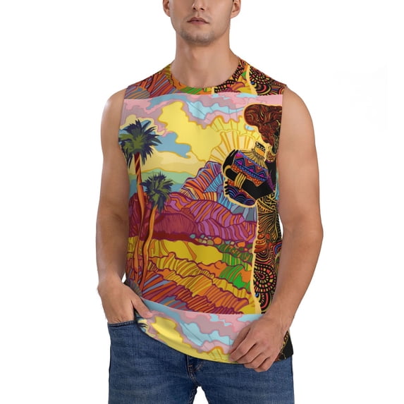 Bingfone Beautiful African Woman Pattern Men's Tank Tops Workout Sleeveless Tee Shirts Running Beach Tanks for Men-Large