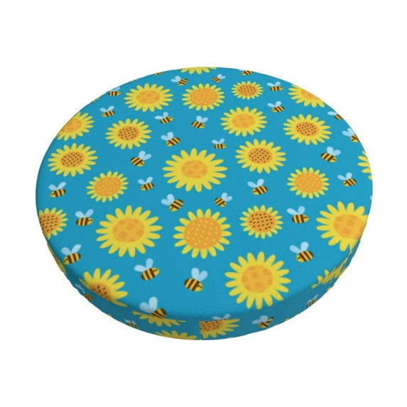 Bingfone Bee Sunflower Padded Round Bar Stool Cover Cushion with Elastic Fabric Round Chair Seat - Bee Sunflower