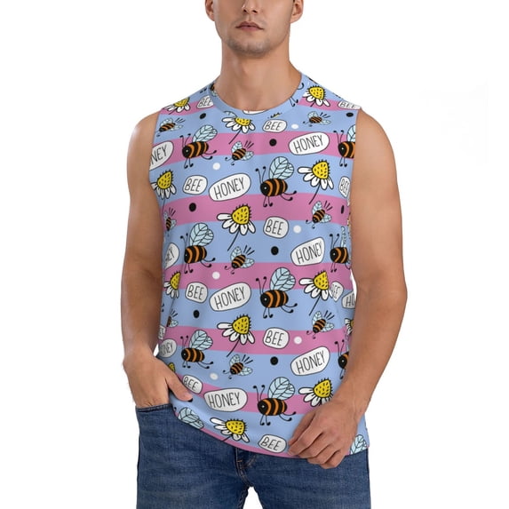 Bingfone Bees And Daisies Striped Pattern Men's Tank Tops Workout Sleeveless Tee Shirts Running Beach Tanks for Men-XX-Large