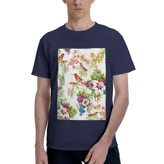 Bingfone Birds And Flowers Men'S Loose Fit Short-Sleeve Pocket T-Shirt