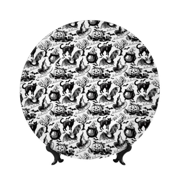 Bingfone Black White Halloween Print Bone China Dinner Decorative Plates,Handmade Ceramic Dinner Plate with Stand for Home Club-6in