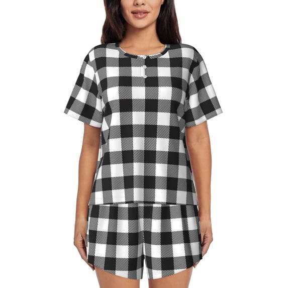 Bingfone Black White Plaid Print Pajamas Sets for Women Soft Short-Sleeved Pjs with Lounge Shorts Two Piece Sleepwear