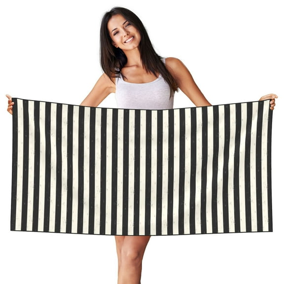 Bingfone Black And White Thick Stripes Oversized 27.7x55 Inches Beach Towel, Super Absorbent Soft Plush Pool Towel, Bath Towel for Travel Sports Pool Swimming Bath Camping Yoga Girls Women Adults