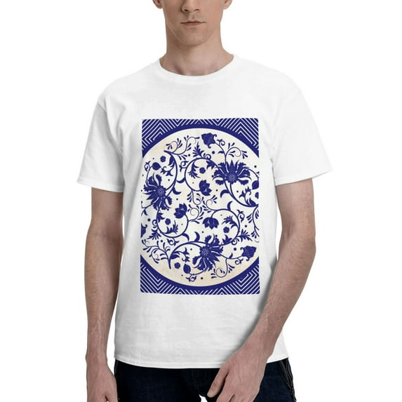 Bingfone Blue And White Porcelain Pattern Men'S Loose Fit Short-Sleeve Pocket T-Shirt