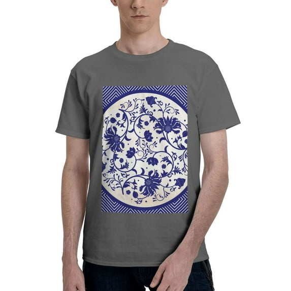 Bingfone Blue And White Porcelain Pattern Men'S Loose Fit Short-Sleeve Pocket T-Shirt