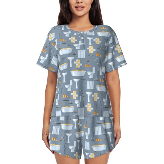 Bingfone Blue Bathroom Print Pajamas Sets for Women Soft Short-Sleeved Pjs with Lounge Shorts Two Piece Sleepwear