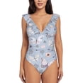 thumbnail image 1 of Bingfone Blue Butterfly Print Women Ruffle One Piece Swimsuit Flounce Sleeve Swimwear V Neck Bathing Suit for Teen Girls - Medium, 1 of 8
