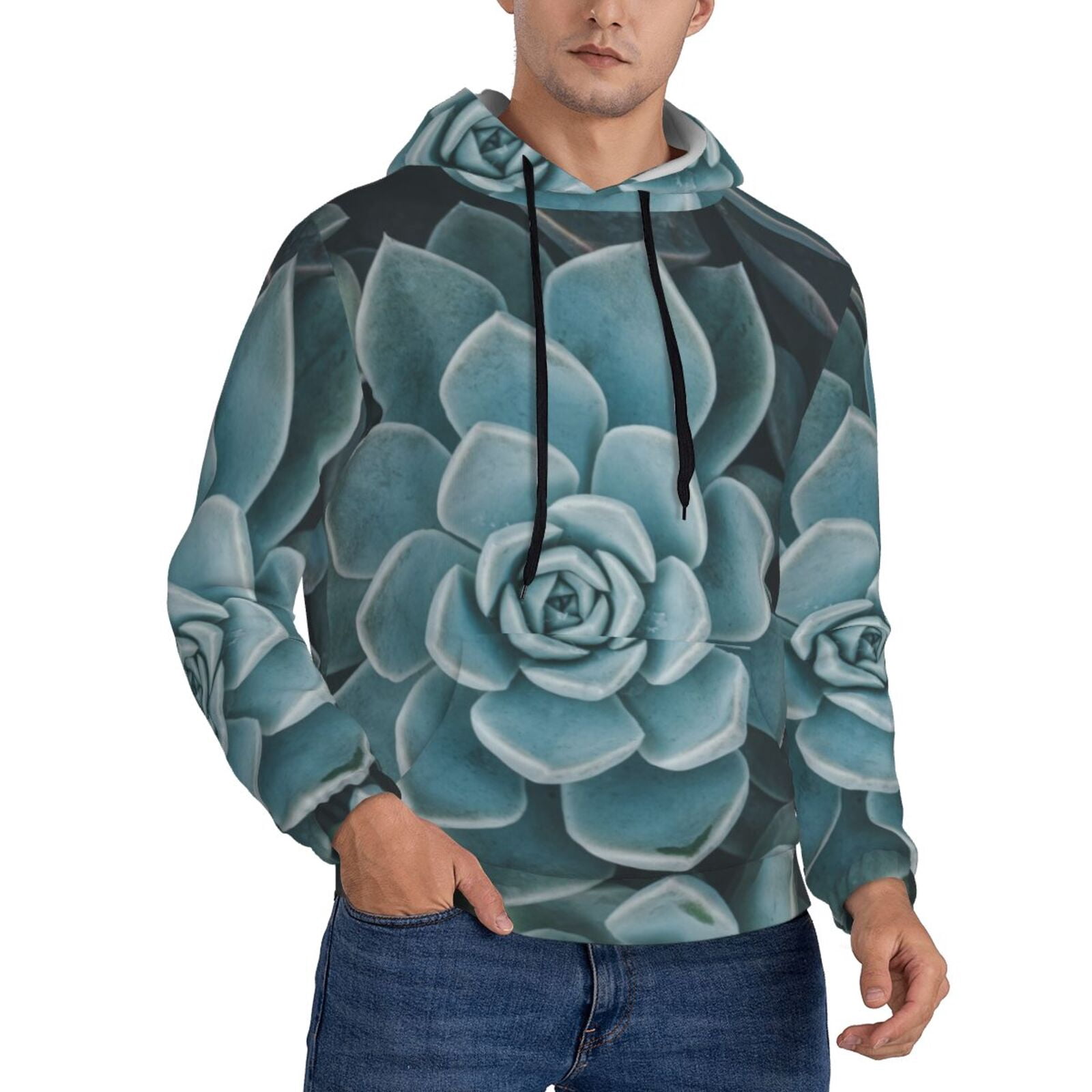 Bingfone Blue Color Cactus Men's Drawstring Hoodie Long Sleeve Pocket ...