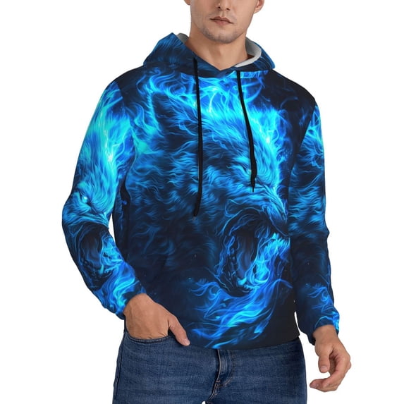 Bingfone Blue Fire Wolf Men's Drawstring Hoodie Long Sleeve Pocket Sweatshirts-X-Large