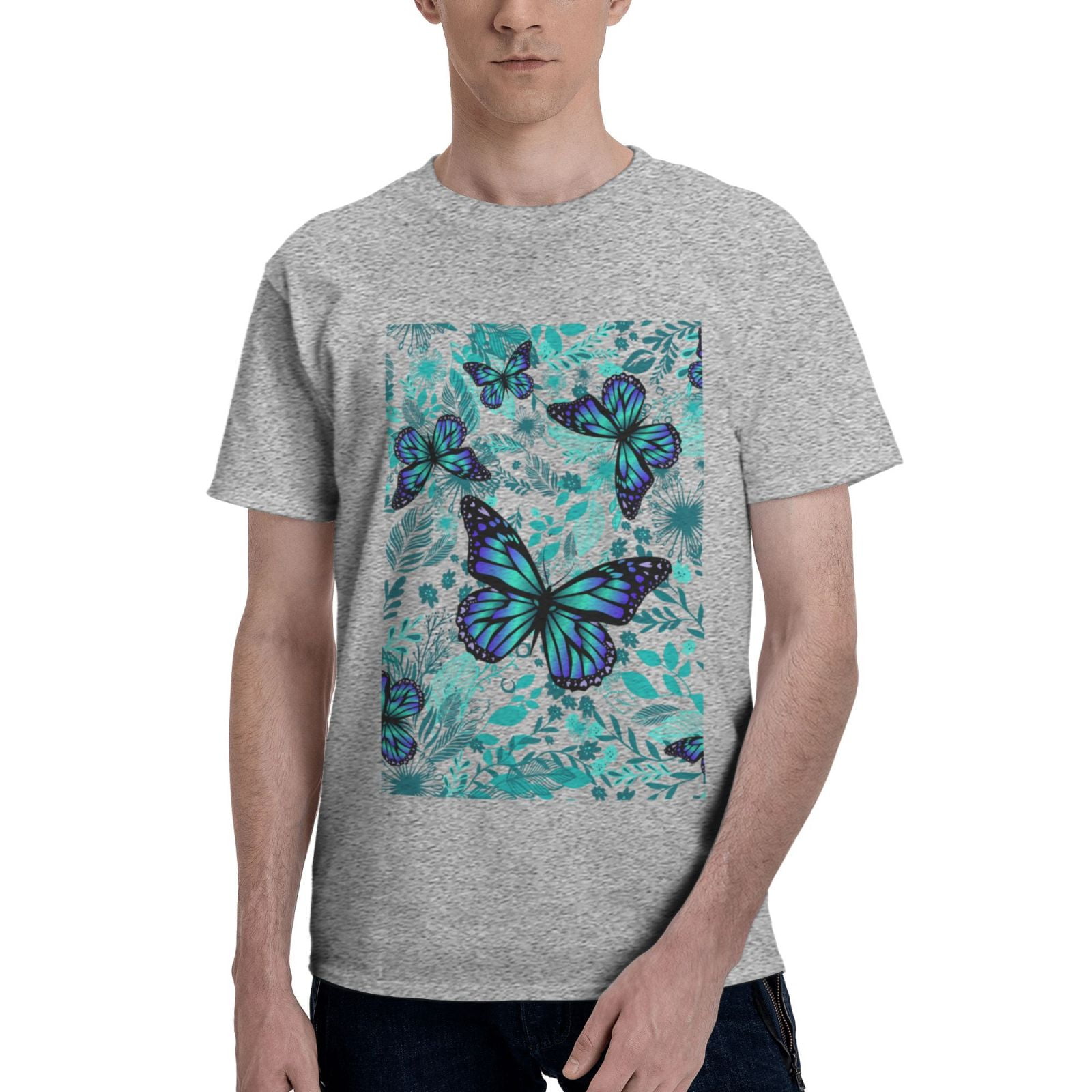 Floral Mint Butterfly Print Men's Short Sleeve Shirt