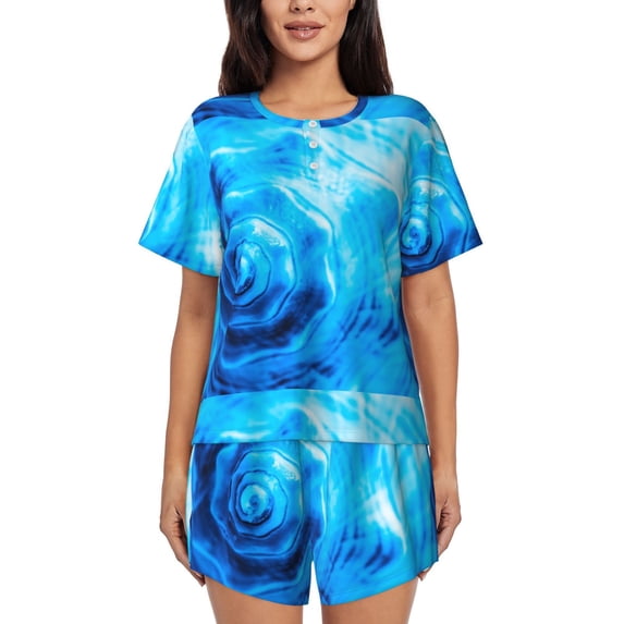 Bingfone Blue Shell Print Pajamas Sets for Women Soft Short-Sleeved Pjs with Lounge Shorts Two Piece Sleepwear