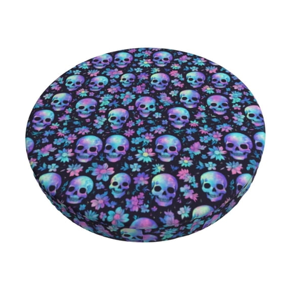 Bingfone Blue Skull Flower Padded Round Bar Stool Cover Cushion with Elastic Fabric Round Chair Seat - Blue Skull Flower