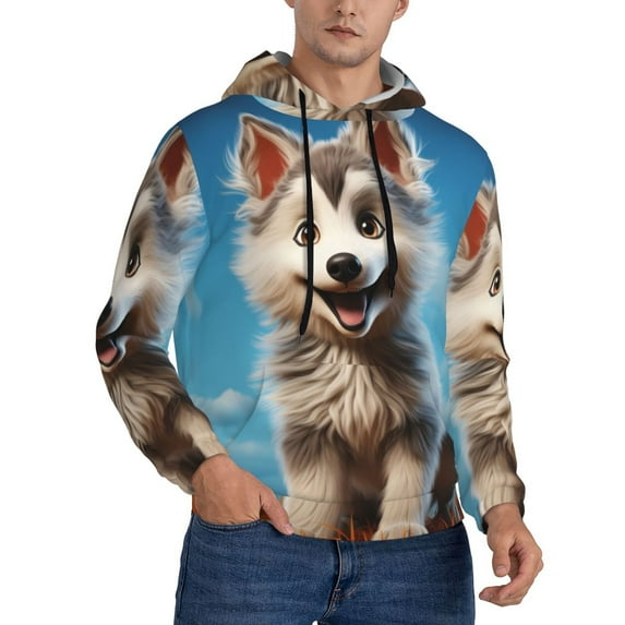 Bingfone Blue Sky Cute Wolf Men's Drawstring Hoodie Long Sleeve Pocket Sweatshirts-Large