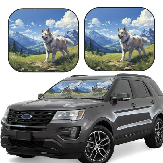 Bingfone Blue Sky Dog Windshield Sun Shade 2-Piece Foldable Car Front Window Sunshade for Most Sedans SUV Truck - Small