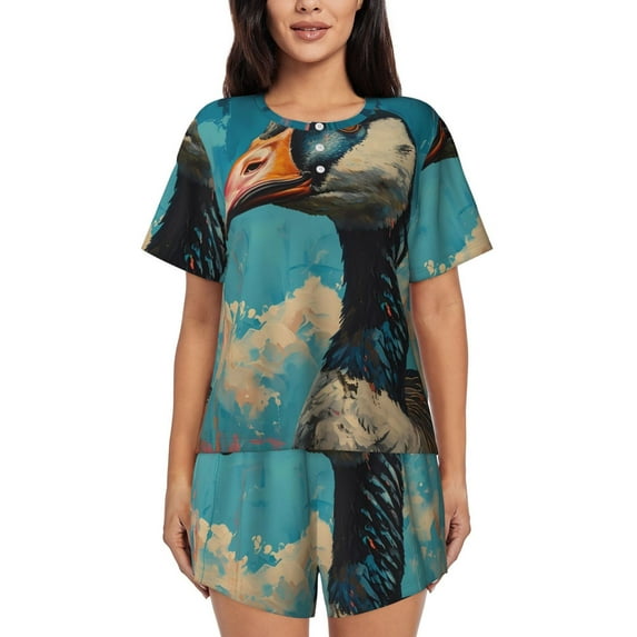 Bingfone Blue Watercolor Duck Print Pajamas Sets for Women Soft Short-Sleeved Pjs with Lounge Shorts Two Piece Sleepwear