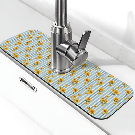 Bingfone Blue White Striped Sunflower Print Splash Guard for Sink Faucet,Super Absorbent Fast Drying Mat Sink-Splash Guard Behind Faucet Drip Catcher for Kitchen,Sink Mat,Dish Drying Mat