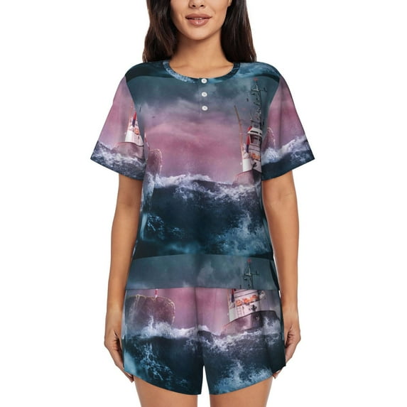 Bingfone Boat Lighthouse Storm Waves Print Pajamas Sets for Women Soft Short-Sleeved Pjs with Lounge Shorts Two Piece Sleepwear
