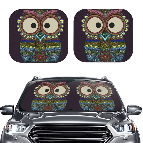 Bingfone Boho Owl Windshield Sun Shade 2-Piece Foldable Car Front Window Sunshade For Most Sedans Suv Truck - Auto Sun Blocker Visor Protector Blocks Max Uv Rays - Large