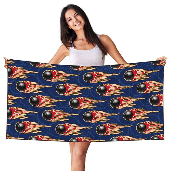 Bingfone Bowling Ball And Flame Oversized 27.7x55 Inches Beach Towel, Super Absorbent Soft Plush Pool Towel, Bath Towel for Travel Sports Pool Swimming Bath Camping Yoga Girls Women Adults