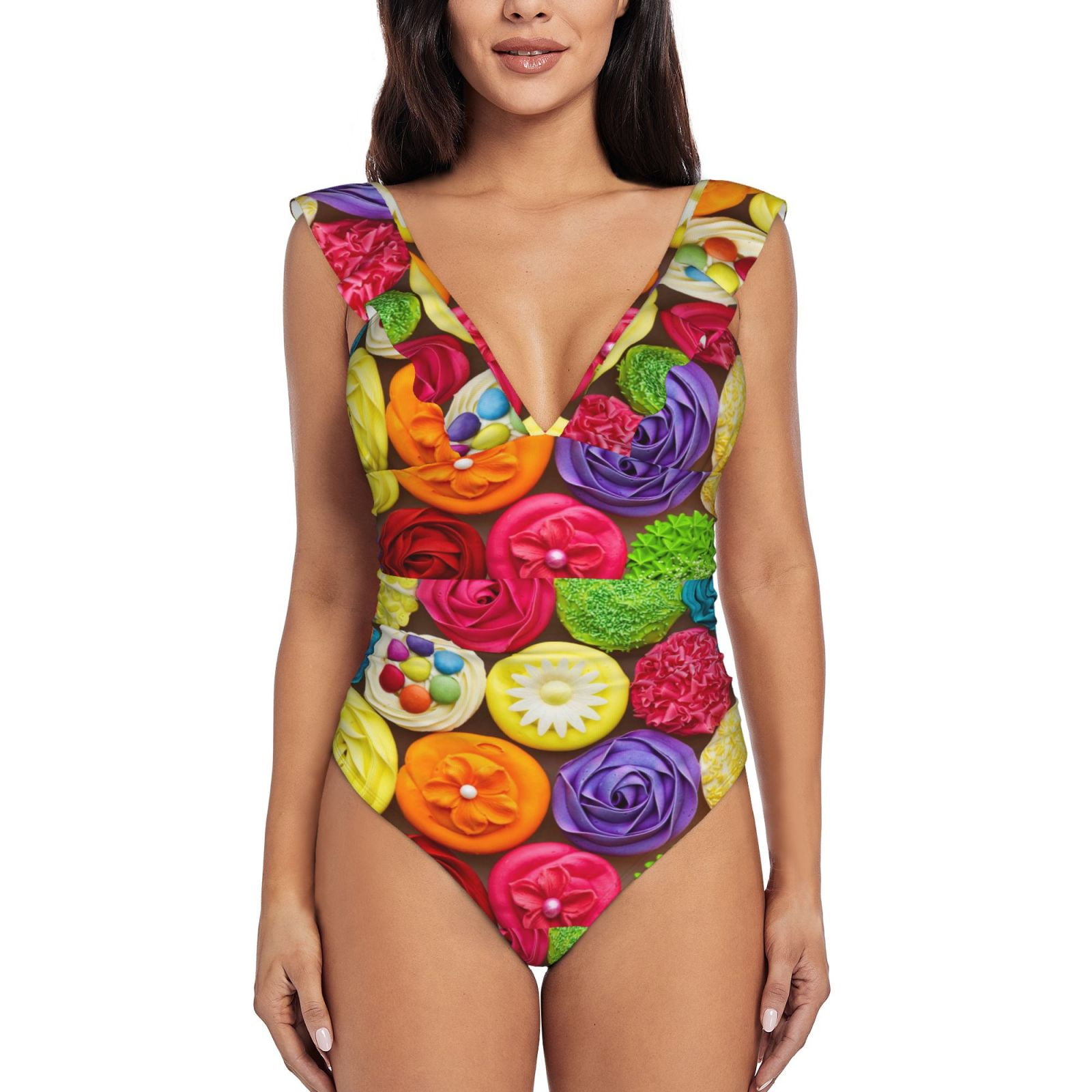 Bingfone Brightly Colored Cupcakes Print Women Ruffle One Piece Swimsuit  Flounce Sleeve Swimwear V Neck Bathing Suit for Teen Girls - XX-Large