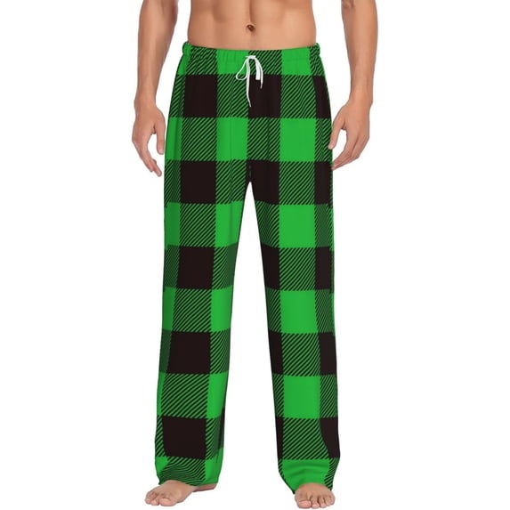 Bingfone Buffalo Plaid Green Black Mens All Over Print Sleep Pajama Pants-Medium