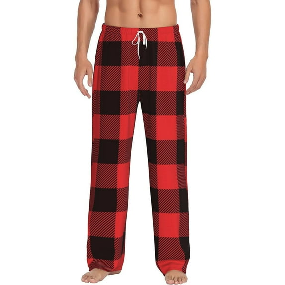 Bingfone Buffalo Plaid Red Black Mens All Over Print Sleep Pajama Pants-Medium