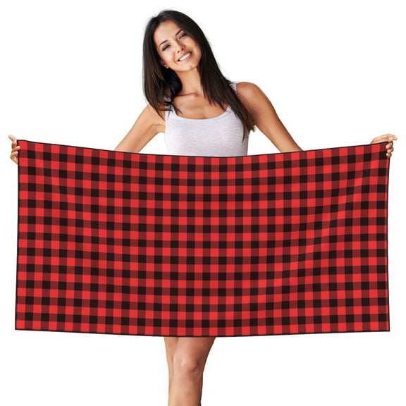 Bingfone Buffalo Plaid Red Black Oversized 27.7x55 Inches Beach Towel, Super Absorbent Soft Plush Pool Towel, Bath Towel for Travel Sports Pool Swimming Bath Camping Yoga Girls Women Adults