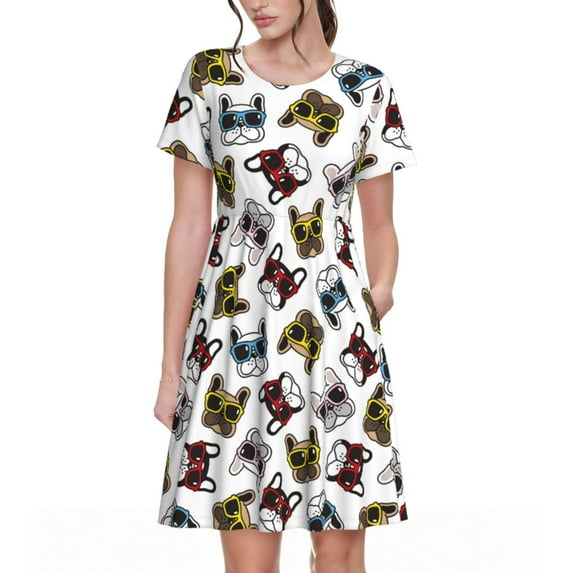 Bingfone Bulldog Sunglasses Face Print Women’s Short Sleeve Dress, Comfortable Casual Dress, Stylish Summer Dress with Stretchy Fit for Daily Wear